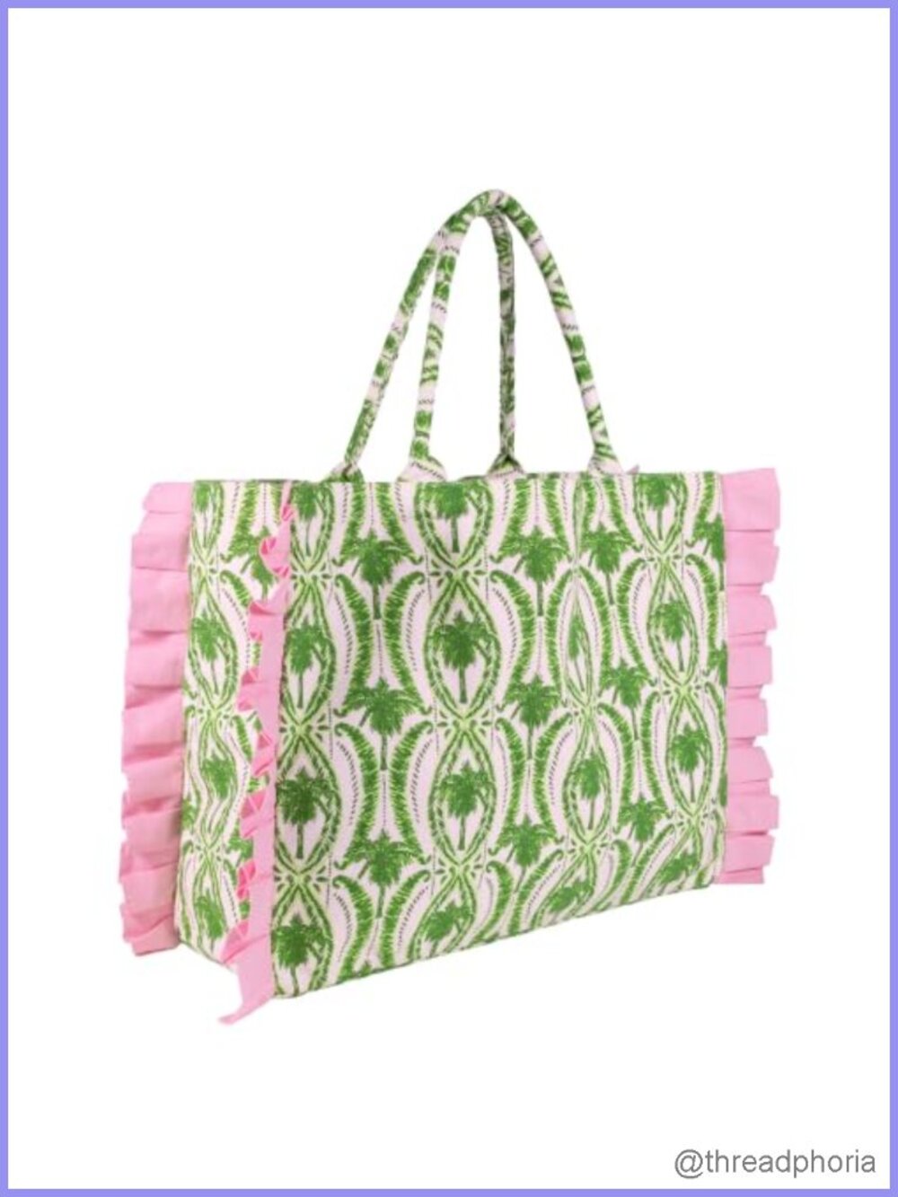 Ruffle Tote Bag Textured Palm Stripe Canvas Large Carryall with Tube Handles